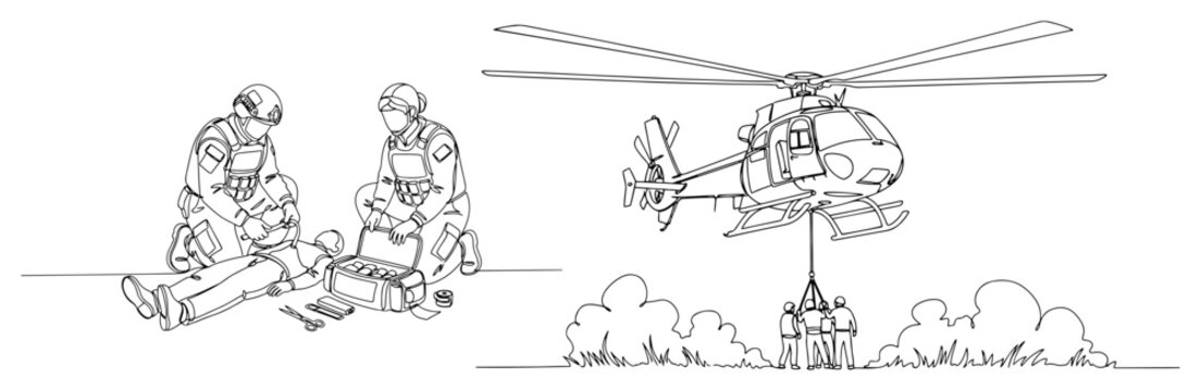 Medics providing emergency first aid and helicopter rescue evacuation mission in continuous line art