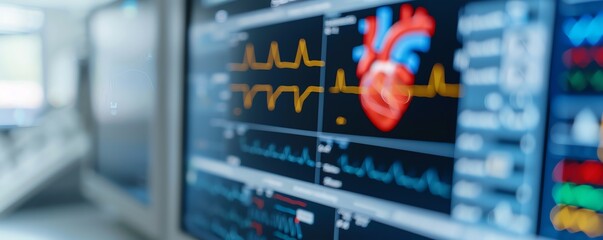 Hospital monitoring screen displaying heart rhythm and anatomical heart graphic, representing cardiology diagnostics, patient monitoring, and modern healthcare technology.