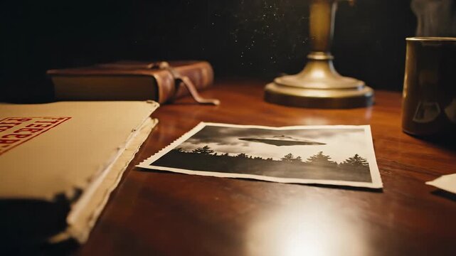 Vintage desk with UFO photo, steaming coffee, and old documents under desk lamp