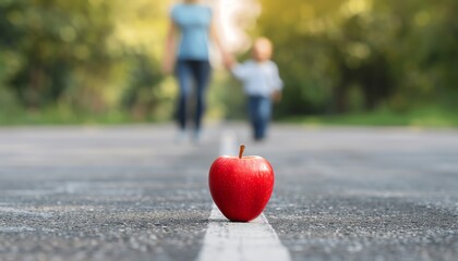 Red apple placed on road in foreground with mother and child walking behind, symbolizing healthy choice, nutrition awareness, and family lifestyle.