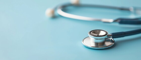 Close up of modern stethoscope on clean blue surface, representing healthcare services, medical diagnostics, professional medicine, and clinical care concept.