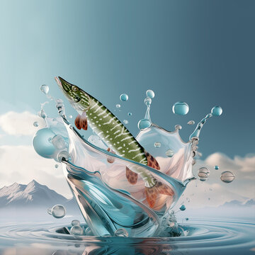 brochet, poisson, splash, eau, bleu, abattre, liquide, clapoter, bouillonner, nature, boire, blanc, &eacute;claboussure, propre, mouvement, illustration, frais, mer, sous-marin, humide, vague, lumi&egrave;re, ciel,