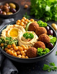 Delicious Falafel Bowl with Hummus, Chickpeas, and Olives, Close-Up View