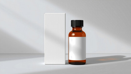 Amber Glass Bottle and White Cardboard Box Mockup
