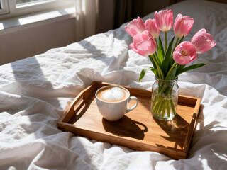 Romantic Breakfast in Bed with Pink Tulips on Tray