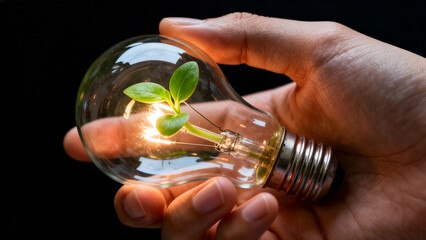 Hand Holding Light Bulb with Green Plant Inside