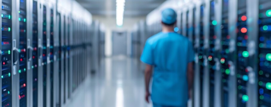 Healthcare professional in scrubs walking between server racks, representing medical data infrastructure, hospital IT systems, and digital healthcare technology.