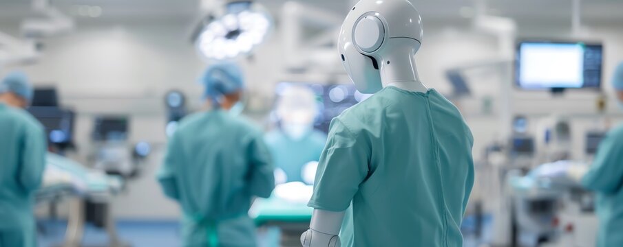 Humanoid robot observing surgeons in operating room, representing artificial intelligence in healthcare, robotic assistance, and future medical technology.