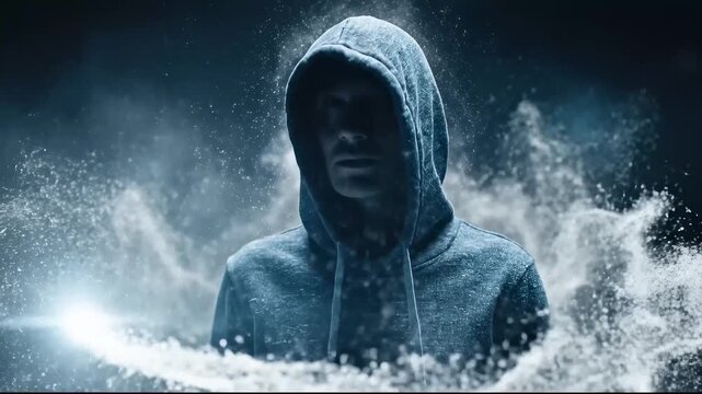 Hooded figure disappearing in dust particles