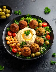 Delicious Falafel Bowl with Hummus, Olives, and Fresh Vegetables on Black Plate