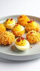 Plate of breaded deviled eggs with bacon crumbles