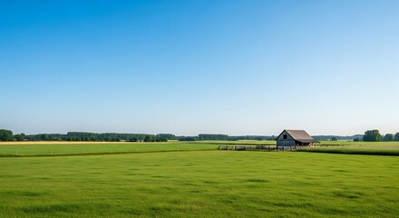 Rustic wooden shack in expansive green field under clear blue sky