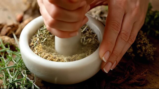 Mortar and pestle grinding dried herbs for natural medicine