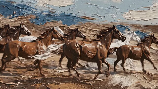 Dynamic Group of Galloping Horses Running Along the Beach with Dramatic Sky in Oil Painting Style