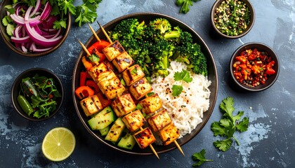 Delicious Grilled Tofu Skewers with Rice and Vegetables