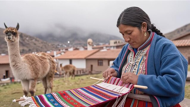 Woman Weaving Traditional Textiles with Alpaca in the Peruvian Andes