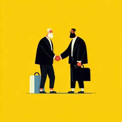 Modern Flat Style Business Partnership Handshake Illustration on Yellow Background &ndash; Generative AI