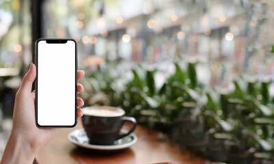 Smartphone Mockup with Blank Screen in Cafe Setting for Mobile App Presentation &ndash; Generative AI