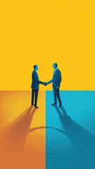 Modern Flat Style Business Partnership Handshake Illustration on Yellow Background &ndash; Generative AI