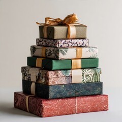 Elegant Stack of Wrapped Gift Boxes with Decorative Paper and Ribbon &ndash; Generative AI