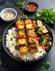 Delicious Grilled Tofu Skewers with Rice and Vegetables