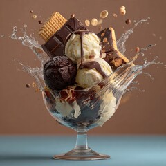 Dynamic Ice Cream Sundae Splash with Chocolate and Vanilla Scoops in Glass Bowl &ndash; Generative AI