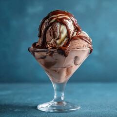 Gourmet Ice Cream Sundae with Chocolate Drizzle in Glass Dessert Bowl &ndash; Generative AI
