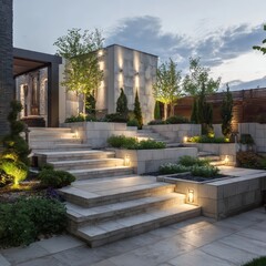 Modern Luxury House Exterior with Landscape Lighting and Garden Stairs at Evening &ndash; Generative AI