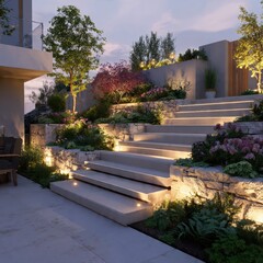Modern Luxury House Exterior with Landscape Lighting and Garden Stairs at Evening &ndash; Generative AI