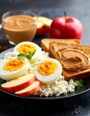 Delicious Healthy Breakfast: Eggs, Apple Slices, Cottage Cheese, Peanut Butter Toast, Coffee