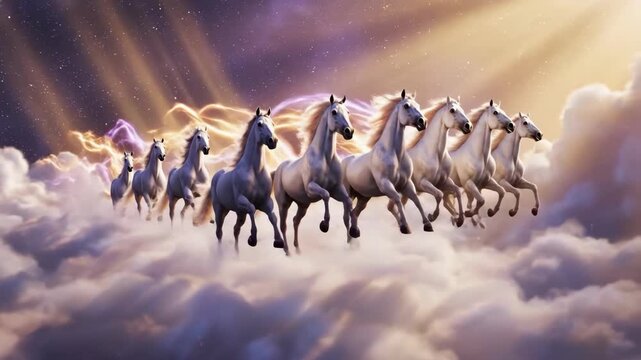Majestic White Horses Galloping Through a Dreamlike Cloudscape with a Vibrant  Starry Sky and Ethereal Lighting Effects