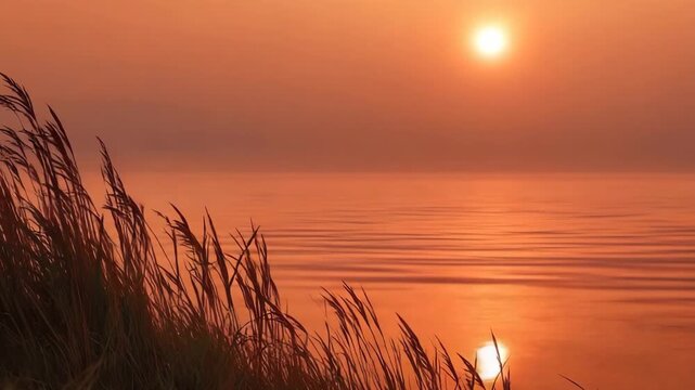 Sunset over the calm water with grass on the shore