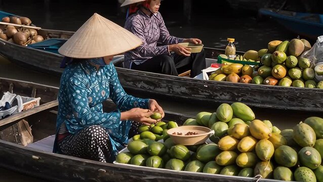 Women Selling Fresh Fruit at Floating Market in Vietnam