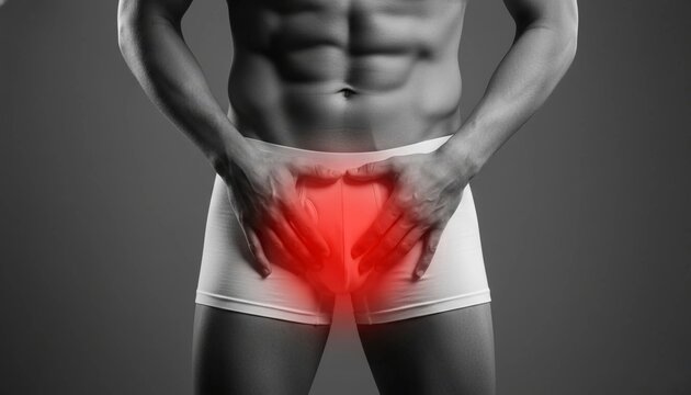 close-up of a man wearing white underwear, clutching his groin in pain. A red glow highlights discomfort, symbolizing a medical issue such as pelvic pain or prostate problems.	