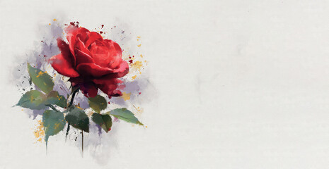 Artistic Red Rose Watercolor Style Illustration with Soft Paint Splash &ndash; Generative AI