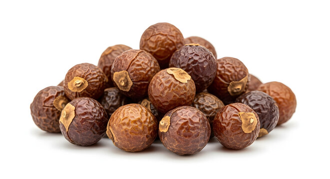 A close-up shot of a pile of dried soap nuts, also known as reetha, on a white background.