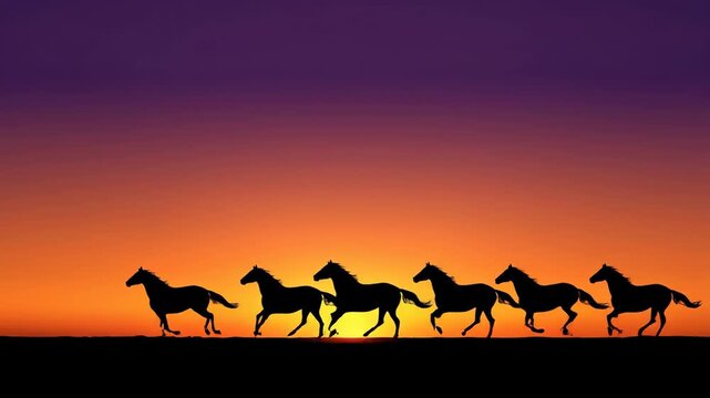 Silhouettes of Galloping Horses Against a Vibrant Sunset Sky with Gradient Colors and Dynamic Movement