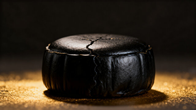 Black sesame cake with dramatic mood representing trendy food on dark background &ndash; modern cuisine, Asian ingredients, unique flavors, healthy eating, fusion cuisine, natural ingredients, culinary tren
