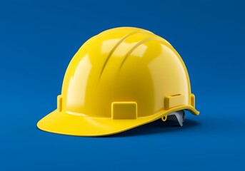 Fototapeta premium Yellow hard hat for construction worker safety equipment on blue background protective gear for workers