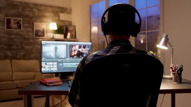 Late Night Film Editing in a Home Office Studio