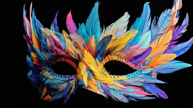 Colorful feathered Carnival masque on black background