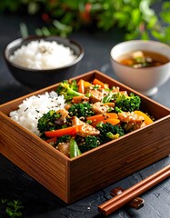 Delicious Japanese Bento Box with Chicken, Vegetables, Rice, and Soup, Close Up