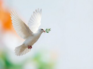 Obraz premium White dove flying with olive branch against soft background, Indian Independence Day