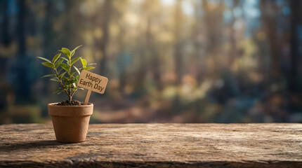 Small plant in pot with happy earth day sign on wooden table