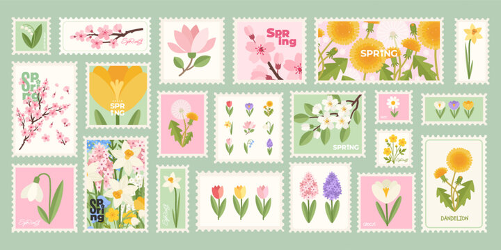 Botanical postage Stamp Set with beautiful Spring flowers, tulip, daffodil, crocus, hyacinth, bluebell, daisy, dandelion, lily of the valley. Floral design template for cards, stickers