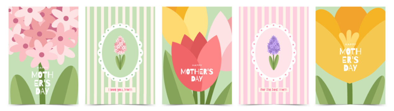 Mother's Day greeting card set with tulips, crocus, hyacinth, spring flowers. Modern Floral designe template for banner, poster, cover, seasonal decor, advertising, social media, web.