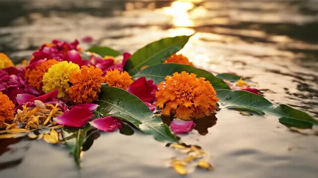 Floats of Marigold and Rose Petals with Green Leaves in Sacred River During Dussehra Festival at Sunset
