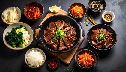 Delicious Korean Bulgogi Beef with Garnishes and Sides, Overhead View
