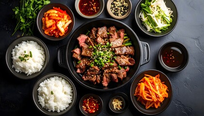 Delicious Korean Bulgogi Meal with Kimchi, Rice, and Various Side Dishes