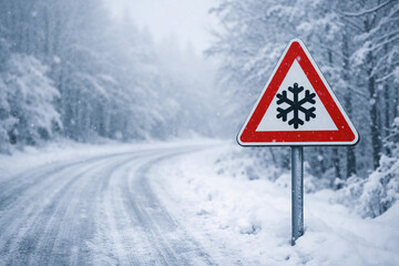 winter driving - winding country road in winter - risk of snow and ice